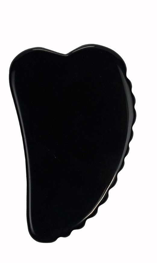 Melnā obsidiāna gua sha masāžas rīks ar rievām